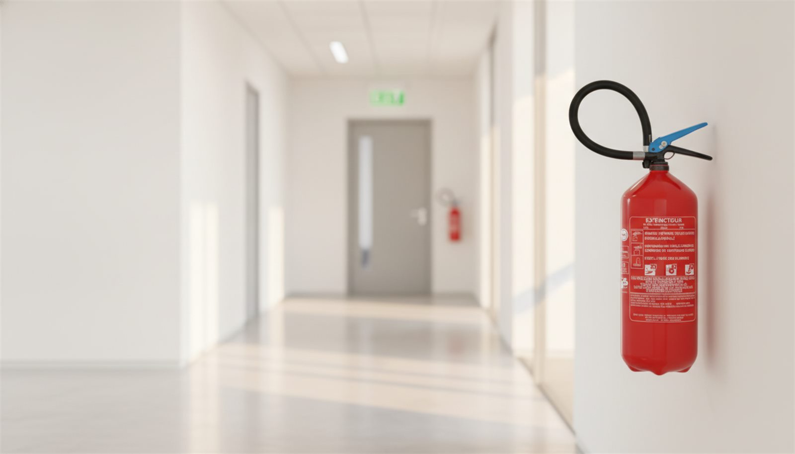Extincteur rouge et bloc de secours dans le couloir lumineux d'une entreprise