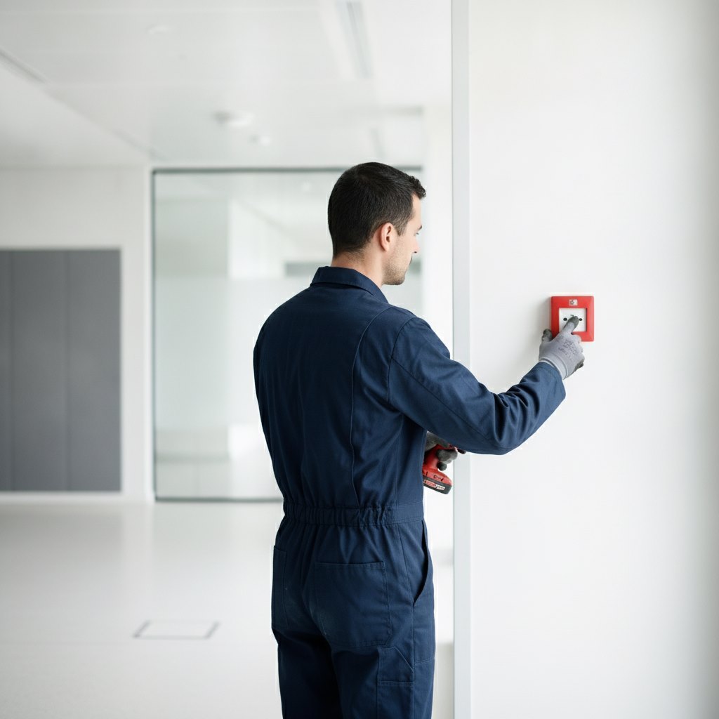Technicien SERIGNIS installant un déclencheur d'alarme incendie en Vendée